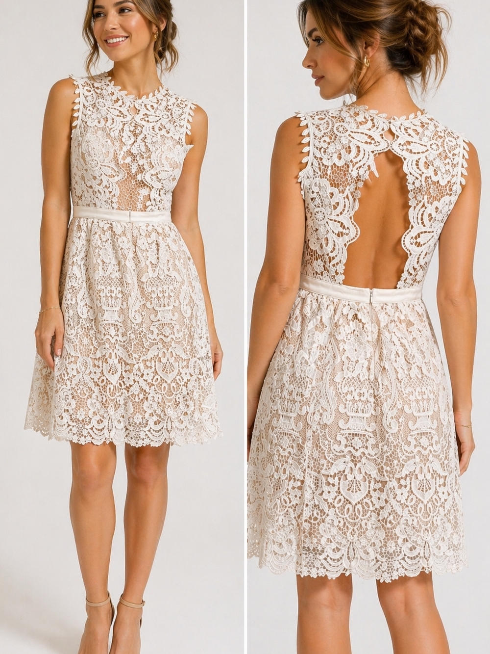 Minuet Lace Dress White Nude Lined Open Back Midi Large Bridal Wedding Occasion